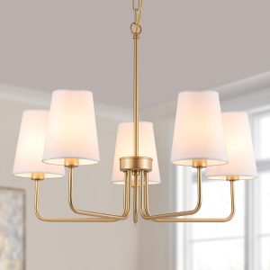 Visual Comfort: AMZASA 5-Light Farmhouse Chandelier in Muted Gold with White Fabric Shade – Ideal Linear Lighting Fixture for Kitchen and Dining Room