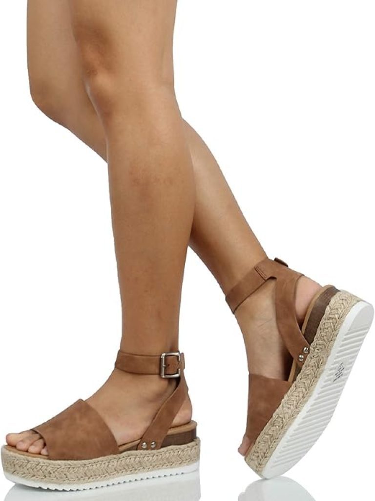 Platform Sandals: Soda Topic Open Toe Espadrille Flatform Wedge Casual Sandals with Buckle Ankle Strap