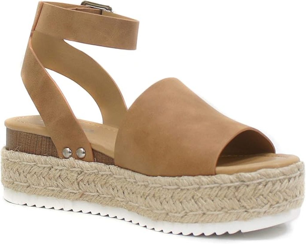 Platform Sandals: Soda Topic Open Toe Espadrille Flatform Wedge Casual Sandals with Buckle Ankle Strap