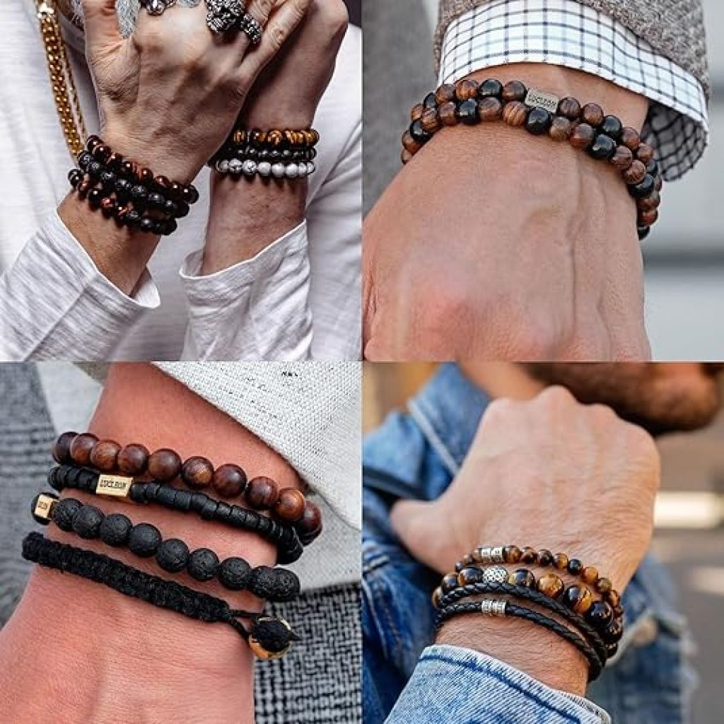 Bracelet Bracelet Men: RANKEEF Tiger Eye Adjustable 8MM Natural Stone Stretch Bracelet - Black Crystal Beaded Gift for Men and Women