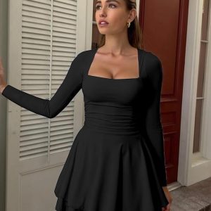 Dress for Black Parties -Kaximil Women’s Square Neck Ruffle Mini Dress with Long Sleeves and Corset Waist