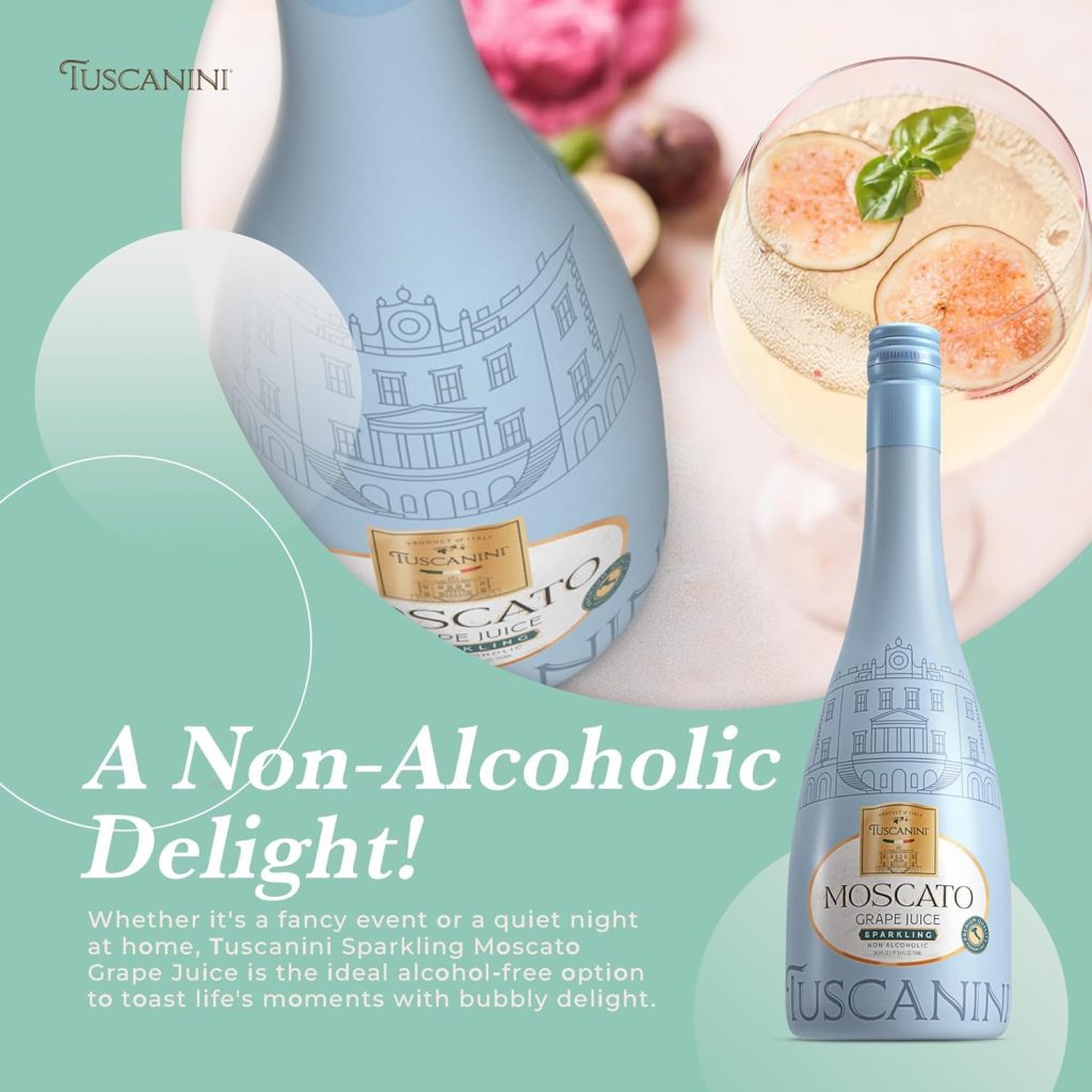Moscato Sparkling Grape Juice by Tuscanini – 25.3oz (2 Pack), Non-Alcoholic Italian Drink in Elegant Champagne Bottle, Perfect for Cocktails, Kosher & Imported from Italy