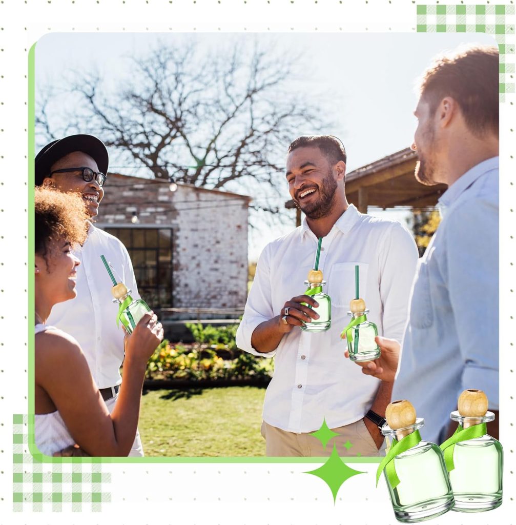 Patron Tequila Mini Bottles Shot Glasses – 24 Pack 1.7 oz Clear Reusable Glass Cups with Cork & Straw, Silk Ribbon Party Favors for Weddings and Drinks (50ml)