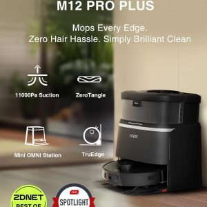 Yeedi M12 PRO+ Robot Vacuum and Mop with 11000Pa Strong Suction, ZeroTangle Tech, Auto Mop Wash & Dry, TruEdge Deep Cleaning, Liftable Mopping, Mini Omni Station – Black