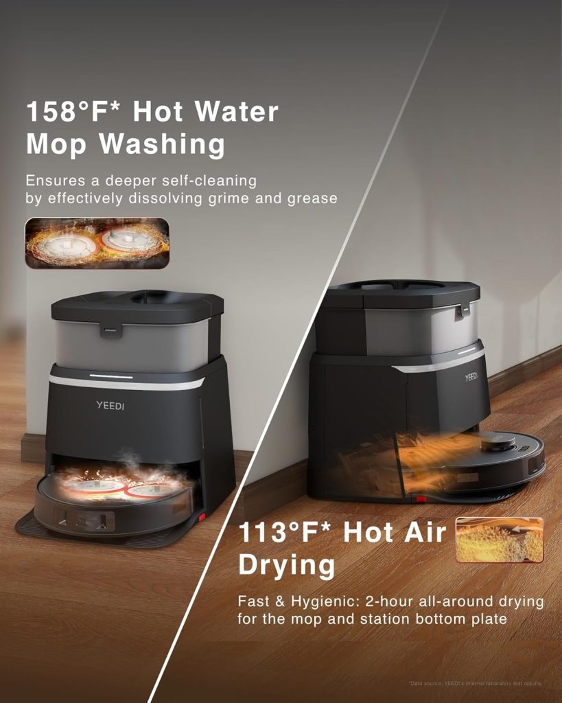 Yeedi M12 PRO+ Robot Vacuum and Mop with 11000Pa Strong Suction, ZeroTangle Tech, Auto Mop Wash & Dry, TruEdge Deep Cleaning, Liftable Mopping, Mini Omni Station – Black