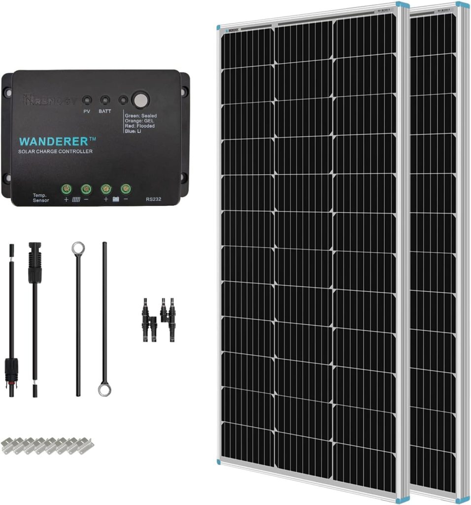 solar panel kits — Renogy 200W 12V Monocrystalline Starter Kit (2×100W + 30A PWM) for RV, Boat, Camper & Off-Grid Systems