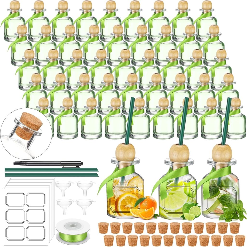 Patron Tequila Mini Bottles Shot Glasses – 24 Pack 1.7 oz Clear Reusable Glass Cups with Cork & Straw, Silk Ribbon Party Favors for Weddings and Drinks (50ml)
