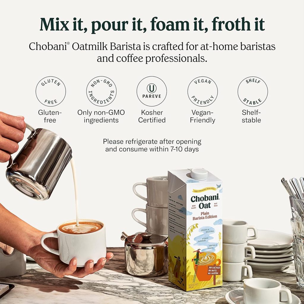 Chobani Creamer: Shelf-Stable Vegan Oat Milk Barista Edition, Gluten-Free, 32 FL OZ (Pack of 6)