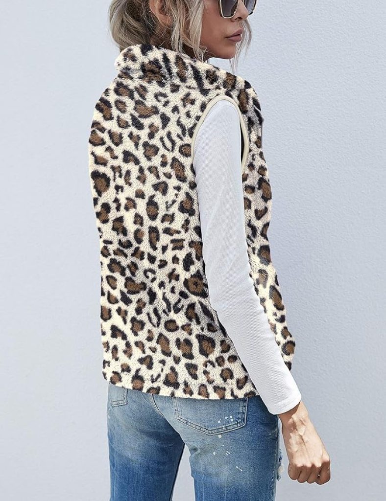 Leopard Print Sherpa Fleece Vest for Women – Cozy Sleeveless Zipper Waistcoat with Pockets by LOMON