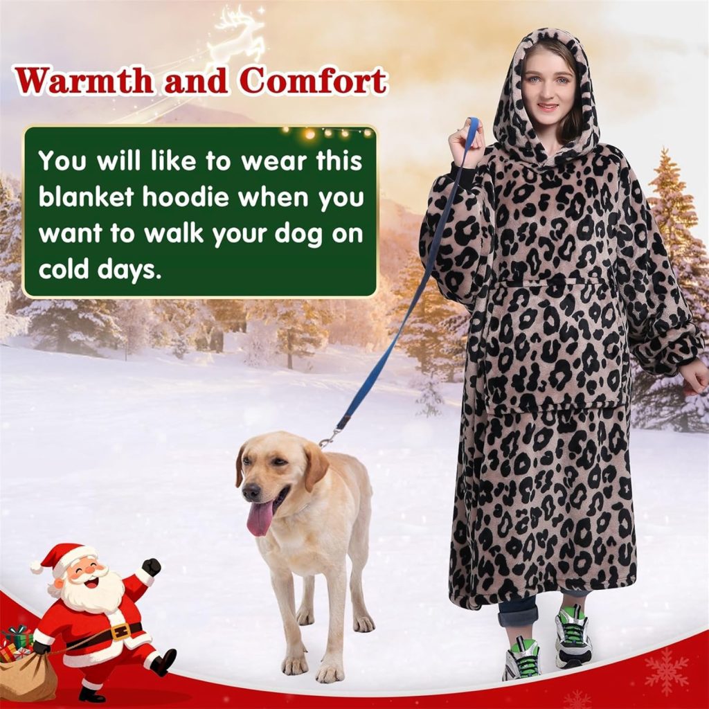 Leopard Print Wearable Blanket Sweatshirt – Cozy Flannel Hoodie Blanket Gifts for Women and Men by Waitu