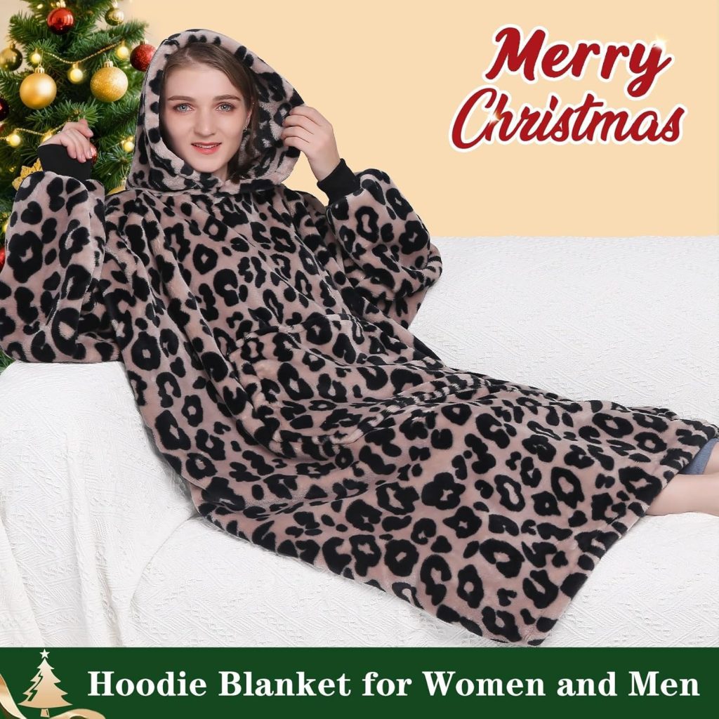 Leopard Print Wearable Blanket Sweatshirt – Cozy Flannel Hoodie Blanket Gifts for Women and Men by Waitu