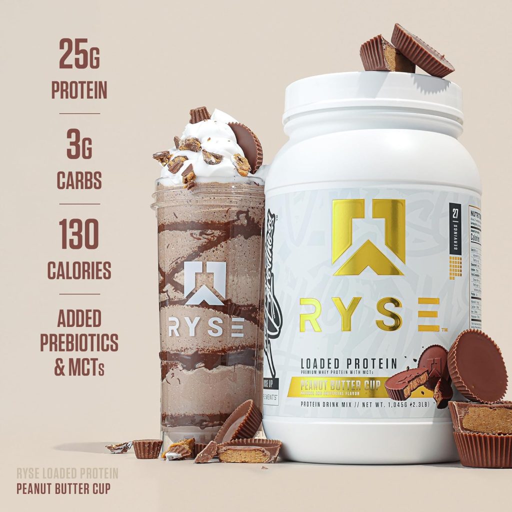 RYSE Protein: Loaded Peanut Butter Cup Powder with 25g of Whey Protein Isolate, Prebiotic Fiber, and MCTs – Low Carb, Low Sugar, Digestive-Friendly – 27 Servings in a 2 lb Tub