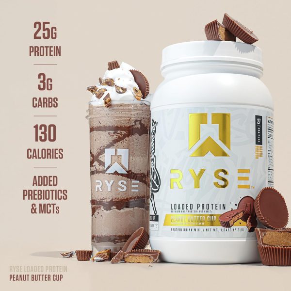 RYSE Protein: Loaded Peanut Butter Cup Powder with 25g of Whey Protein Isolate, Prebiotic Fiber, and MCTs – Low Carb, Low Sugar, Digestive-Friendly – 27 Servings in a 2 lb Tub