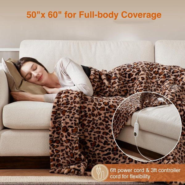 Leopard Print Electric Blanket – Beautyrest Brushed Faux Fur Throw with Ogee Texture, Auto Shut‑Off, Multi Heat Settings, UL Certified, Machine Washable, 50×60