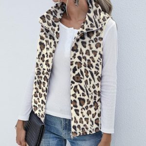 Leopard Print Sherpa Fleece Vest for Women – Cozy Sleeveless Zipper Waistcoat with Pockets by LOMON