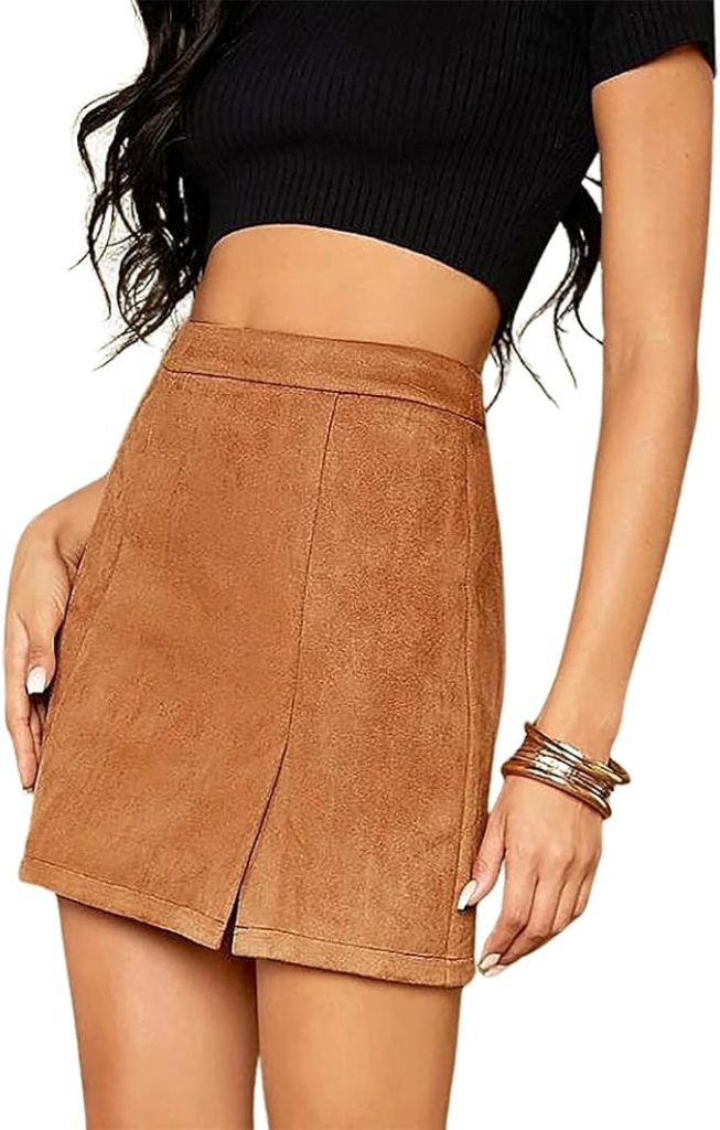 Mini Skirt for Women – High Waist Faux Suede Side Slit Bodycon Short Style