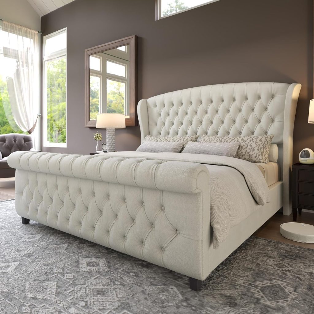 California King Bed AMERLIFE Velvet Upholstered Sleigh Platform Frame with Wingback Headboard and Footboard, Button Tufted Design, No Box Spring Needed, Cream
