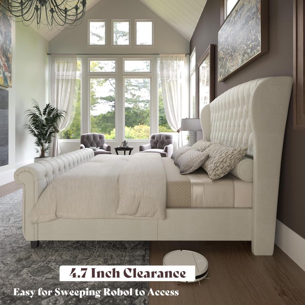 California King Bed AMERLIFE Velvet Upholstered Sleigh Platform Frame with Wingback Headboard and Footboard, Button Tufted Design, No Box Spring Needed, Cream