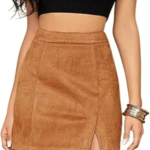 Mini Skirt for Women – High Waist Faux Suede Side Slit Bodycon Short Style