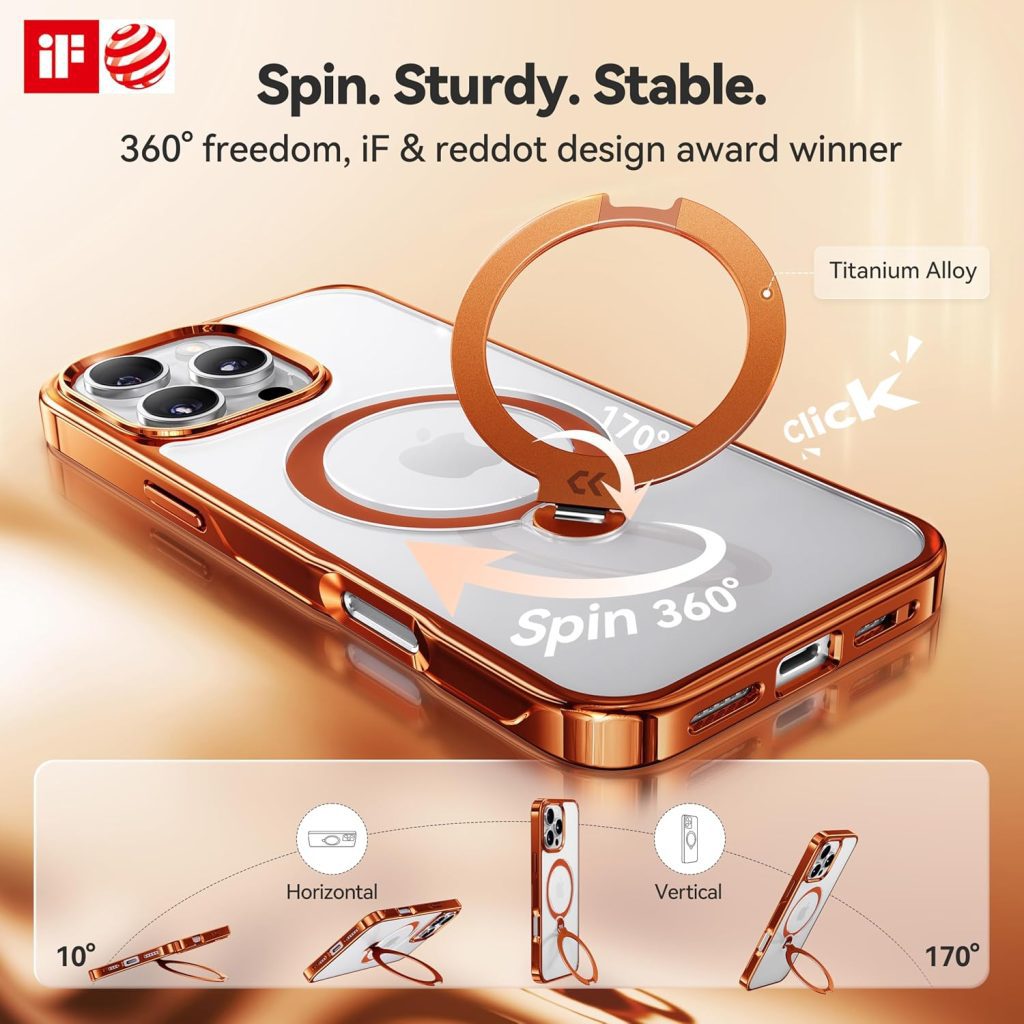 iPhone 15 Pro Max Case: CASEKOO Cosmic Orange Glossy Titanium with 360° Spin Magnetic Stand, Military-Grade Protection, and Polished Frame for Magsafe Compatibility (6.3'')
