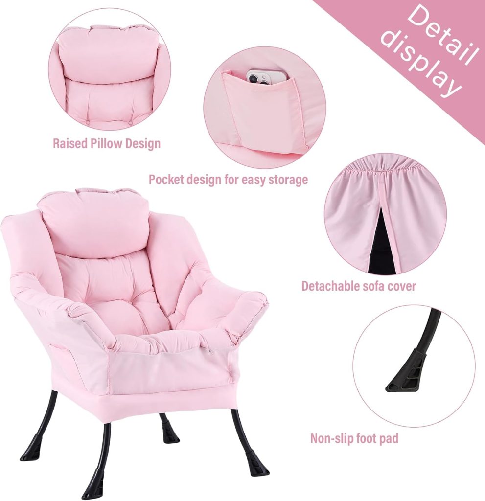 Chairs for Small Spaces: Welnow Pink Lazy Chair with Ottoman, Modern Upholstered Reading Accent Chair with Armrests and Side Pocket