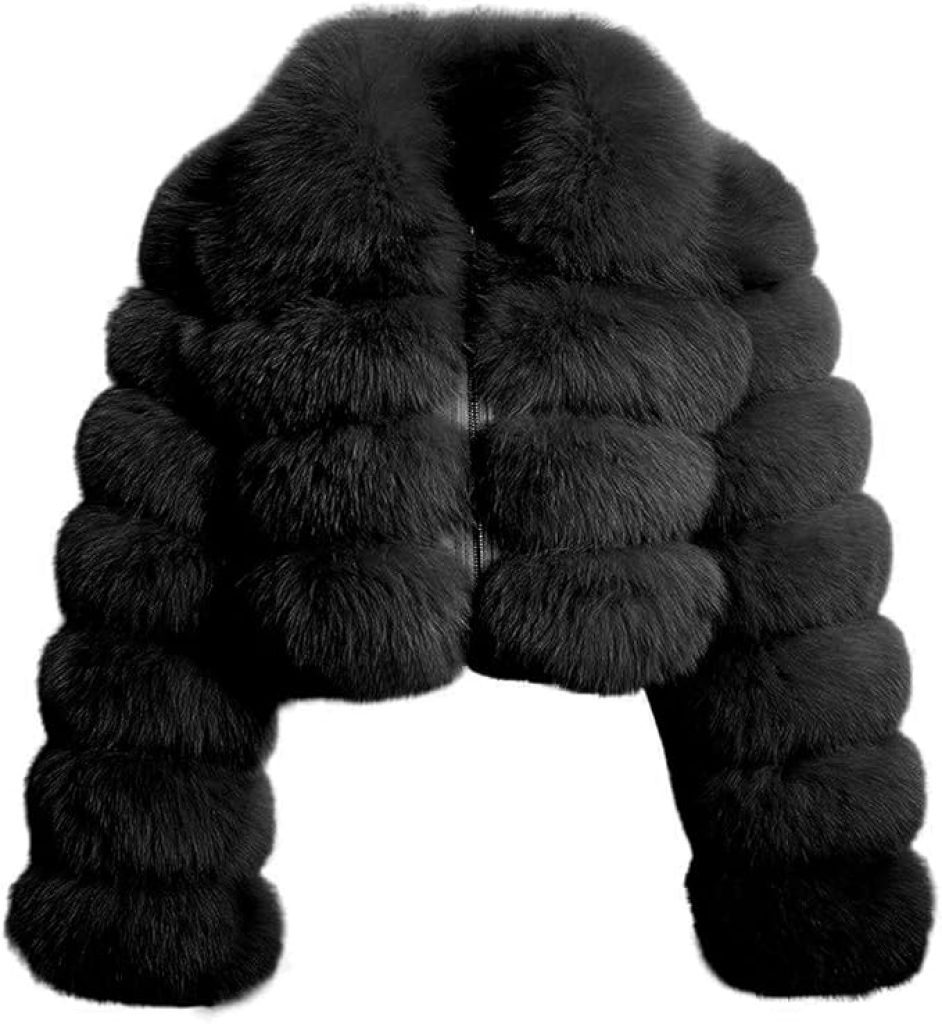 Fur for Coat: Women's Fluffy Faux Fur Cropped Puffer Jacket - Warm Winter Teddy Zip-Up