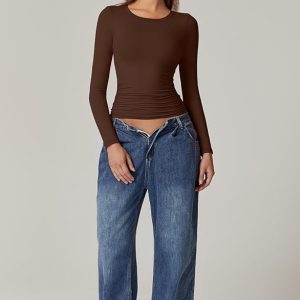 Going Out Tops: QINSEN Women’s Double-Lined Crewneck Long Sleeve Side Ruched Crop Tees