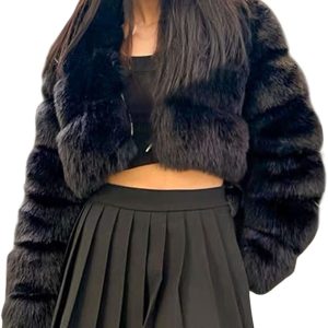Fur for Coat: Women’s Fluffy Faux Fur Cropped Puffer Jacket – Warm Winter Teddy Zip-Up