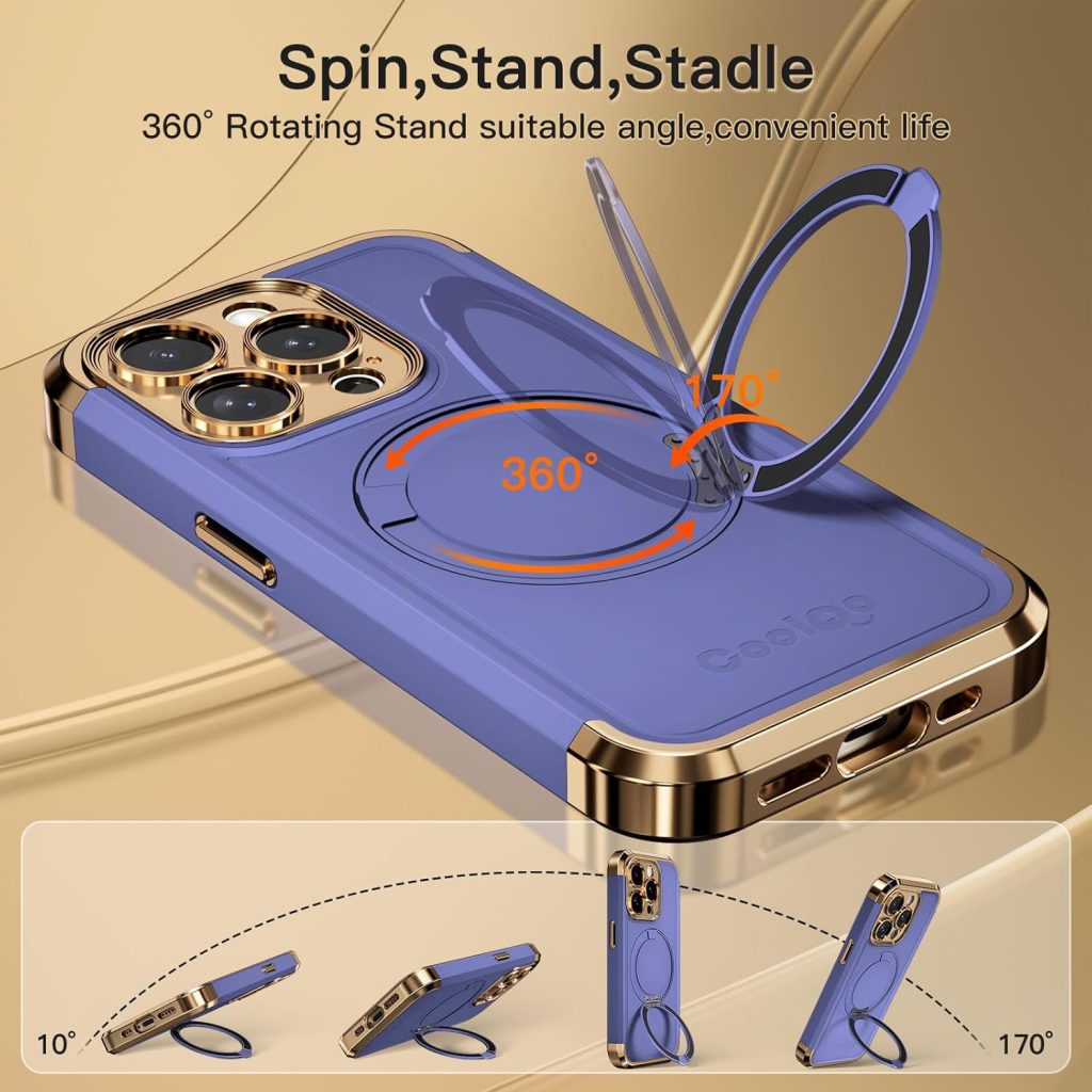 iPhone 15 Pro Max Case: COOLQO 6.7'' Upgraded 360° Spin Magnetic Stand with Military Protection, Shockproof Cover Compatible with MagSafe in Purple Gold 3 iPhone 15 Pro Max Case: COOLQO 6.7'' Upgraded 360° Spin Magnetic Stand with Military Protection, Shockproof Cover Compatible with MagSafe in Purple Gold