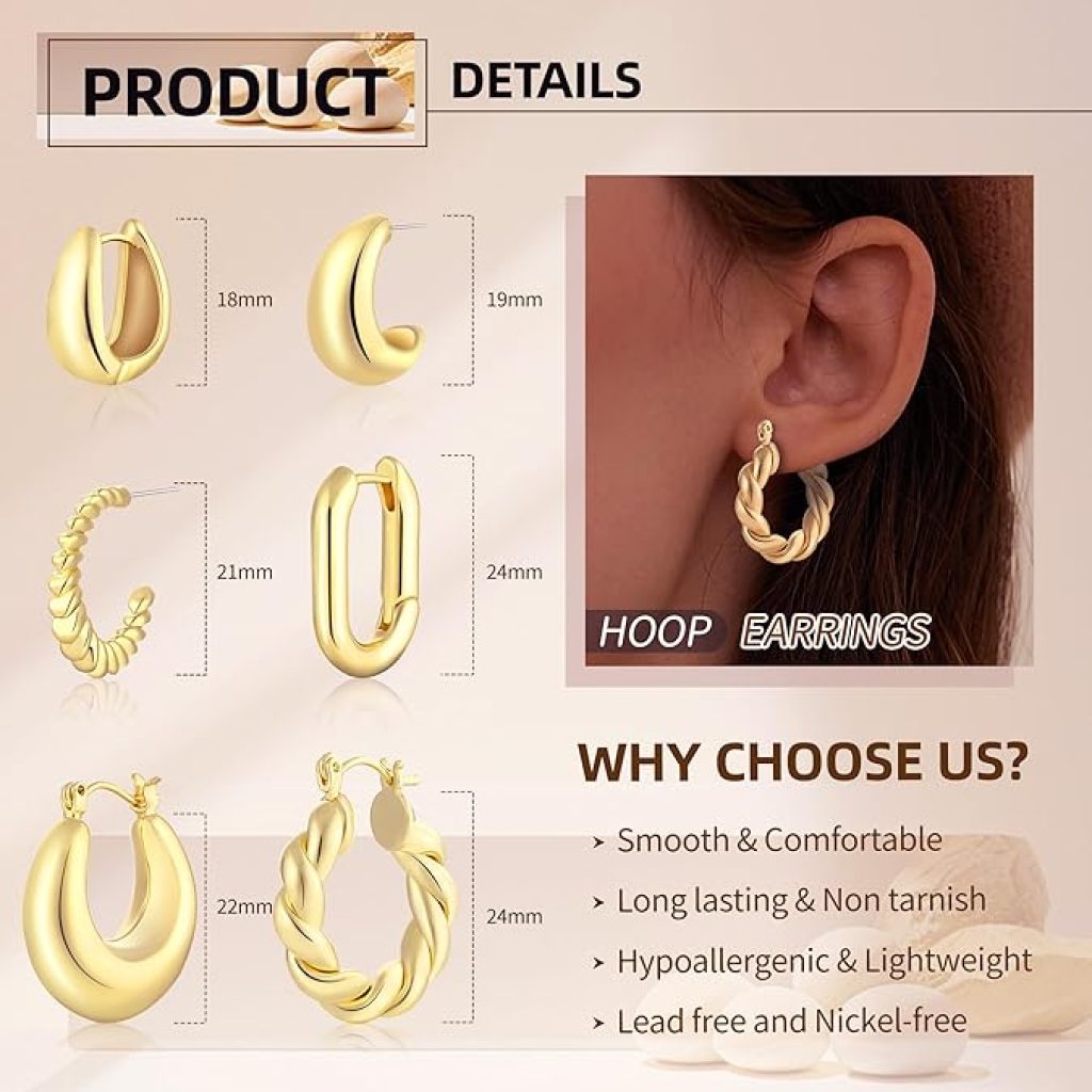 Gold Earrings 6 Pairs 14K Gold Plated Hoop Set for Women – Lightweight Chunky Hypoallergenic Hoops, Twisted Huggie Earrings Gift Set