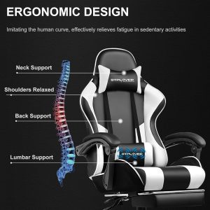 Chairs for Gaming: GTPLAYER Height Adjustable Computer Chair with Footrest, Lumbar Support, 360° Swivel Seat, and Headrest in Pearl White