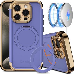 iPhone 15 Pro Max Case: COOLQO 6.7” Upgraded 360° Spin Magnetic Stand with Military Protection, Shockproof Cover Compatible with MagSafe in Purple Gold