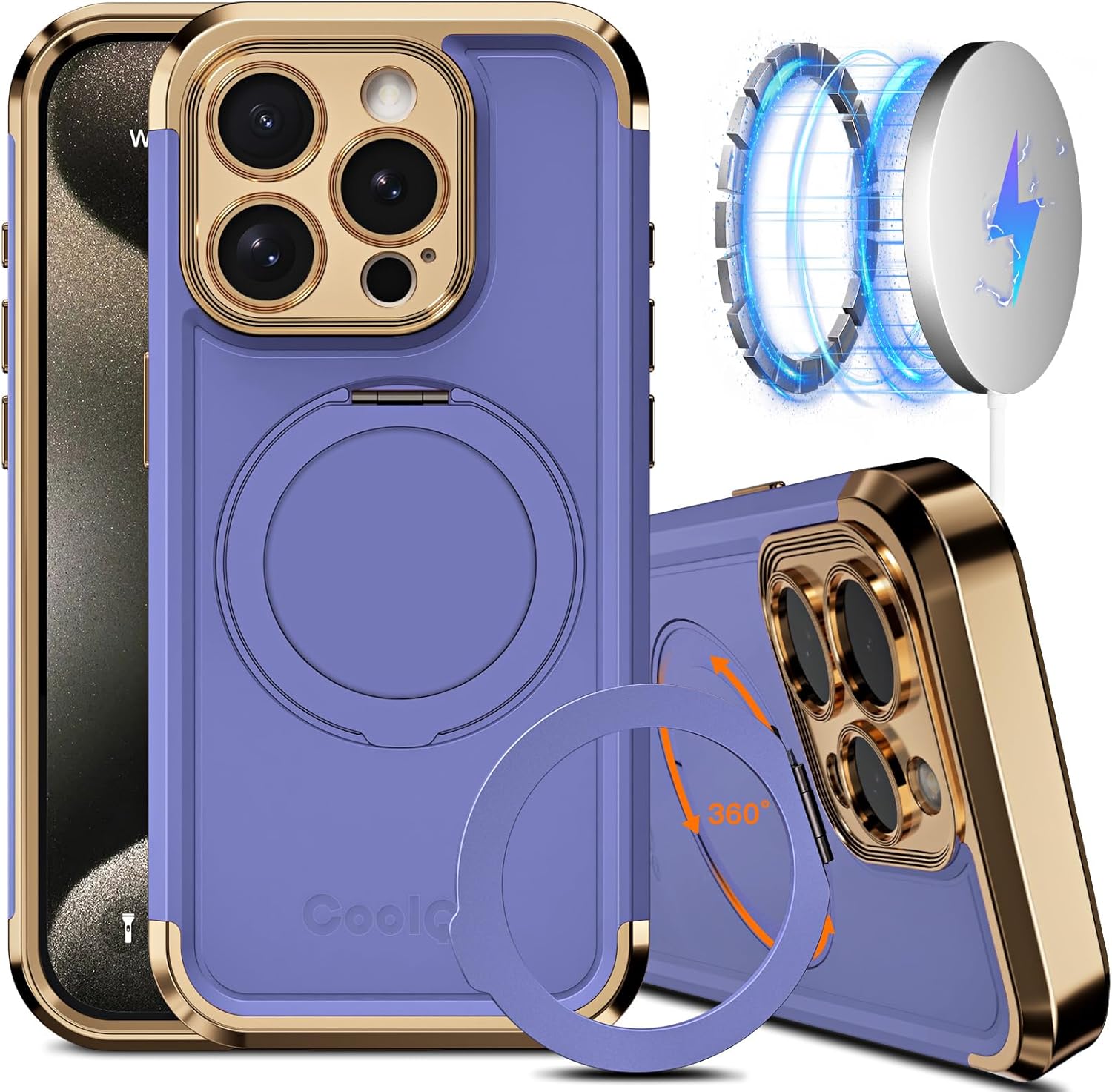 iPhone 15 Pro Max Case: COOLQO 6.7'' Upgraded 360° Spin Magnetic Stand with Military Protection, Shockproof Cover Compatible with MagSafe in Purple Gold 1 iPhone 15 Pro Max Case: COOLQO 6.7'' Upgraded 360° Spin Magnetic Stand with Military Protection, Shockproof Cover Compatible with MagSafe in Purple Gold