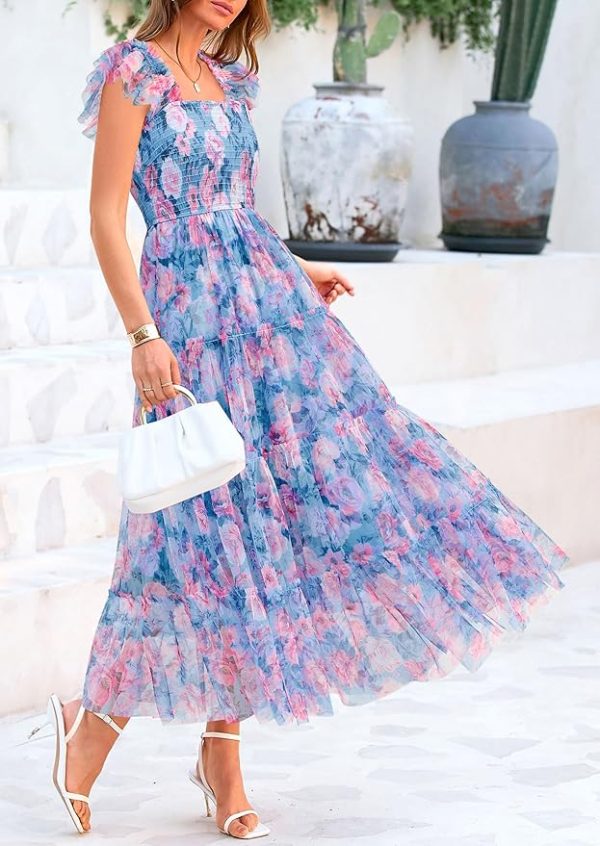 Floral Floral Dress: PRETTYGARDEN Women’s Sleeveless Smocked Tulle Midi Sundress with Ruffle Mesh, Summer Party and Wedding Guest Style