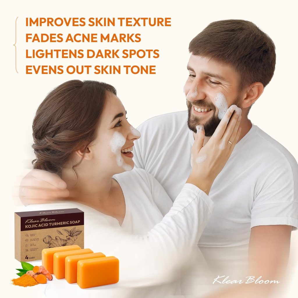 Turmeric Soap for Brightening: Kojic Acid Soap Bars with Collagen, Vitamin E, Retinol, Hyaluronic Acid, and Shea Butter, Paraben & Sulfate-Free, 105g x4 Bars