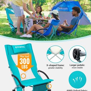 Chairs for Outdoor Adventures: KingCamp Low Beach Chair with High Back, Oversized Breathable Mesh Seat, 300lbs Capacity, Cup Holder & Storage Pockets