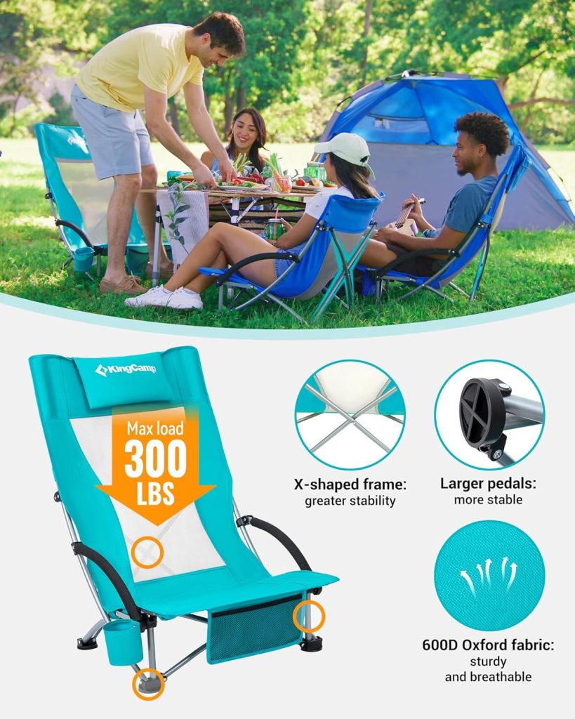 Chairs for Outdoor Adventures: KingCamp Low Beach Chair with High Back, Oversized Breathable Mesh Seat, 300lbs Capacity, Cup Holder & Storage Pockets