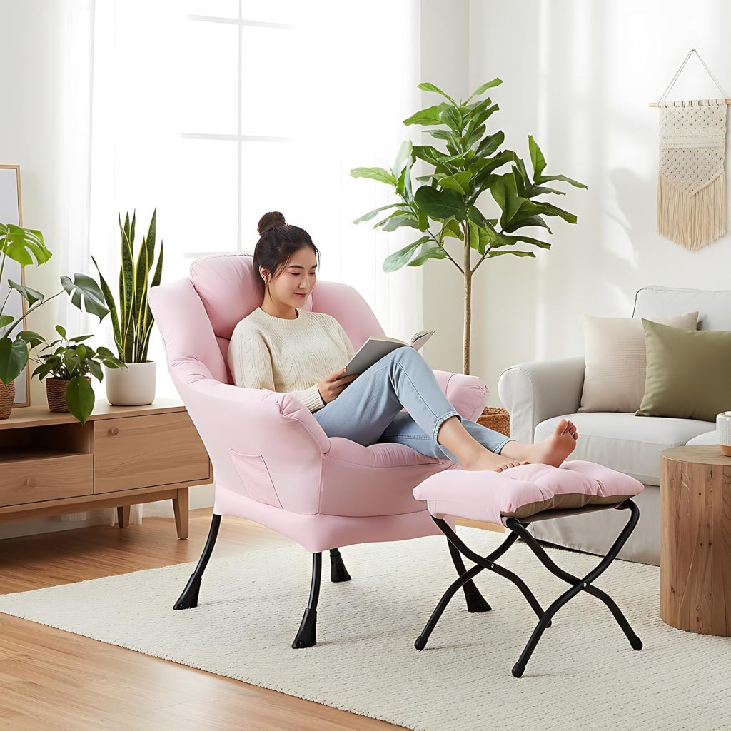 Chairs for Small Spaces: Welnow Pink Lazy Chair with Ottoman, Modern Upholstered Reading Accent Chair with Armrests and Side Pocket