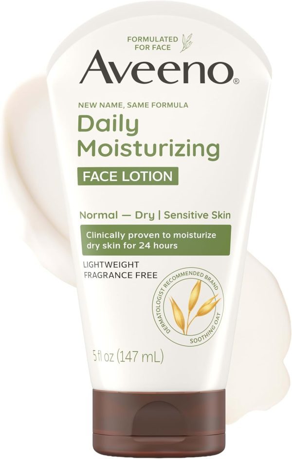 Aveeno Prebiotic Oat Daily Face Lotion – Lightweight 24H Moisturizer for Sensitive, Dry Skin, 5oz Fragrance-Free