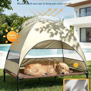 Elevated Dog Bed with Canopy – 3-Sided UV Protection Pet Tent, Raised Cooling Cot with Breathable Mesh, Portable for Camping Patio, Khaki XL