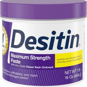Desitin Maximum Strength Diaper Rash Paste – 40% Zinc Oxide Cream for Overnight Baby Skin Protection, 16 oz Tub