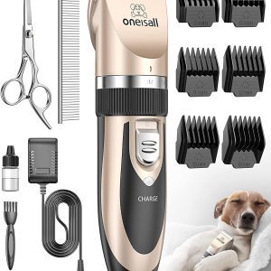 oneisall Quiet Dog Clippers – Cordless Rechargeable Pet Grooming Kit with 6 Guide Combs, Low Noise, Stainless Steel Blade, Gold