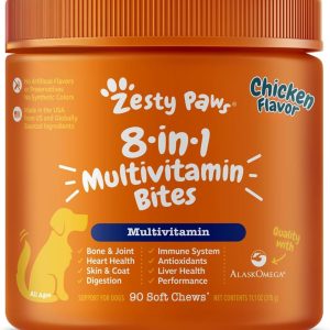 Zesty Paws 8-in-1 Multifunctional Bites – Dog Multivitamin with Glucosamine, Omega-3, Probiotics, Chicken Flavor, 90 Count