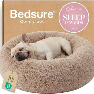 Bedsure Donut Calming Dog Bed – Round Plush Cuddler for Small to Medium Pets, Machine Washable, Camel, 30-Inch