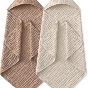 Yoofoss 100% Cotton Muslin Hooded Baby Towels – 2 Pack Soft Absorbent Bath Towel for Newborns and Infants 32×32 Inches