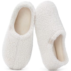HomeTop Women’s Fuzzy Curly Fur Memory Foam Slippers (Cream White)