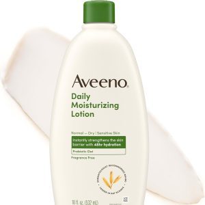 Aveeno Daily Moisturizing Body Lotion with Prebiotic Oat – Fragrance-Free, Non-Greasy Moisturizer for Normal to Dry Skin, 18 Fl Oz