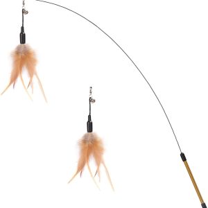 Pawaboo Cat Feather Wand Toy – Extra-Long 34.5″ Interactive Teaser with Bell and Natural Feathers, Brown