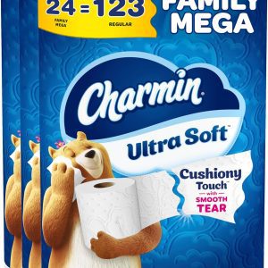 Charmin Ultra Soft Toilet Paper 24 Family Mega Rolls – Cushiony Touch Bath Tissue with Enhanced Tear Technology, 123 Regular Roll Equivalent