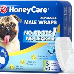 HONEY CARE All-Absorb Disposable Male Dog Wraps – 50 Count Small, Leak-Proof Belly Bands with 6-Layer Protection for Incontinence & Marking